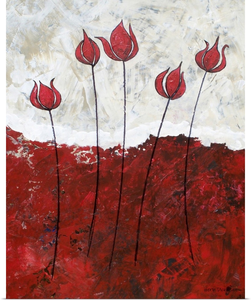 Painting with five long stemmed red flowers with a bold red ground below and a white and beige sky above.