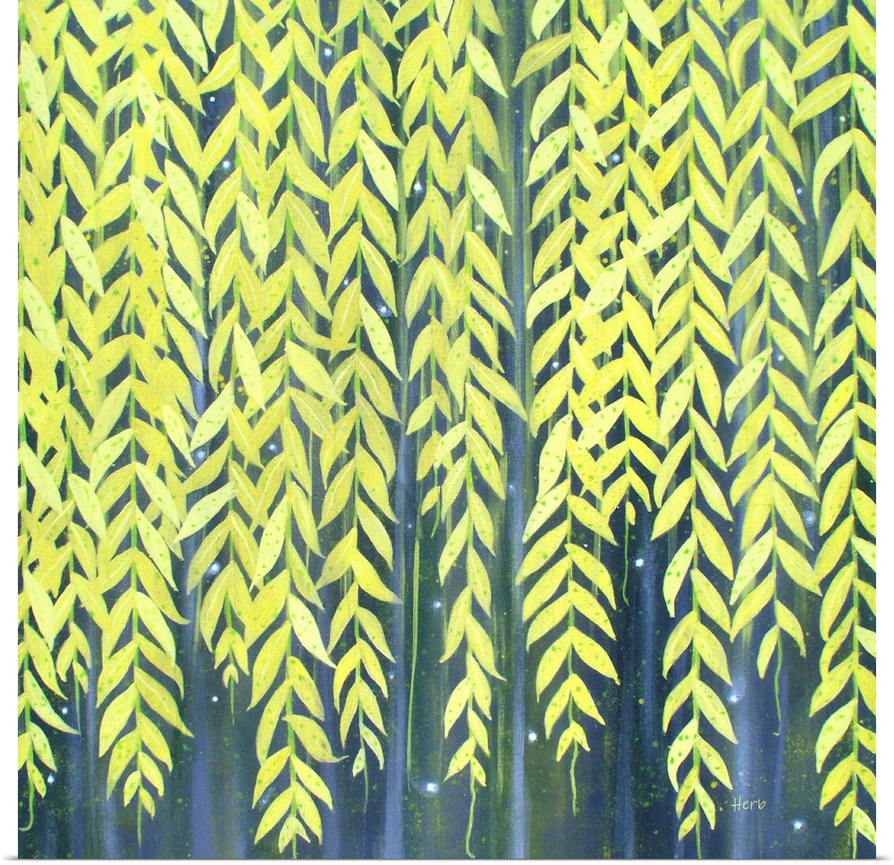 Yellow weeping willow wines and leaves running vertically down a square canvas with a dusty blue and green background.