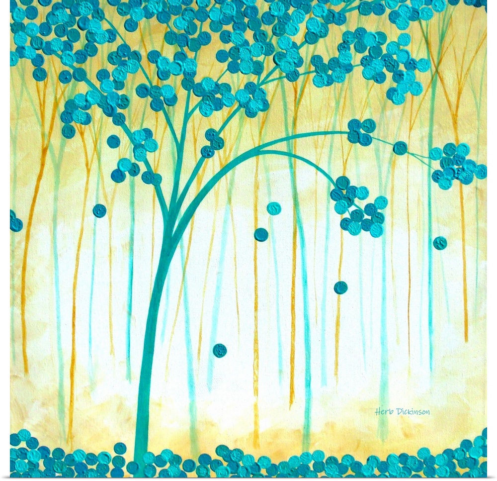 Contemporary square painting of blue and gold trees with blue circular leaves.