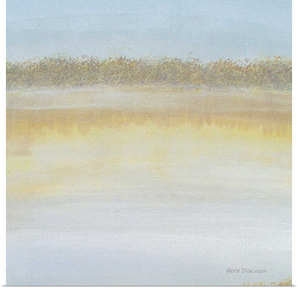 Abstract painting of a lake and reflections in the early morning on a square background.
