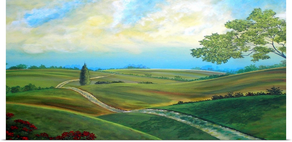 Landscape painting of Leicester's countryside and rolling hills on a beautiful day.