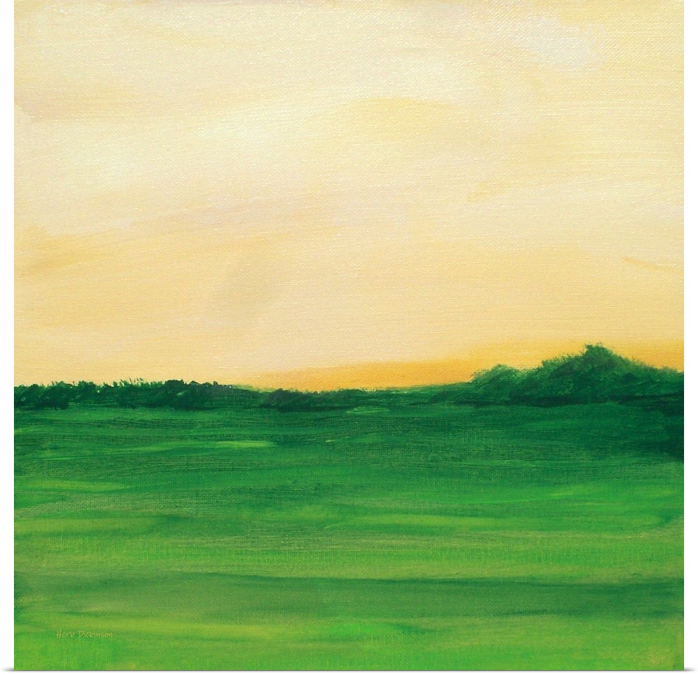Open country landscape in shades of green and yellow on a square canvas.