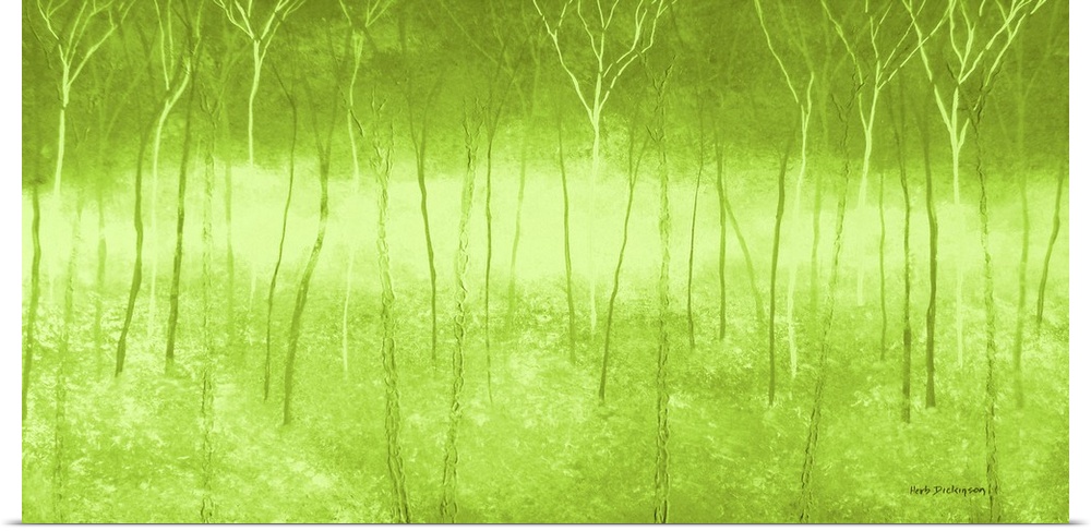 Lime green landscape painting of a foggy forest with thin trees all over.