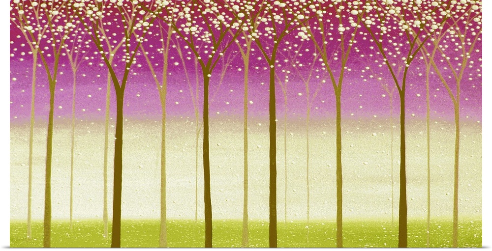 Landscape with tall brown trees and white blossoms on a purple, pink, beige, and green layered background.
