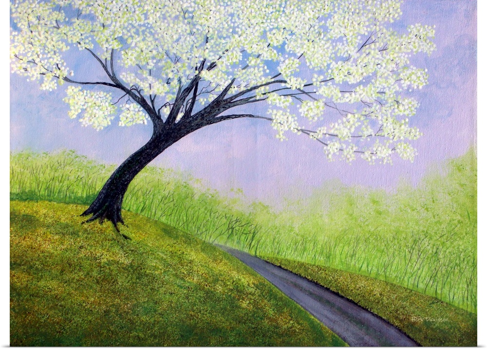 Contemporary painting of a path going up a hillside with a large tree with white blossoms.
