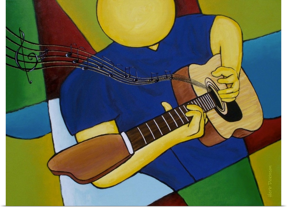Abstract painting of a faceless person wearing blue and green playing the guitar with music notes flying out.