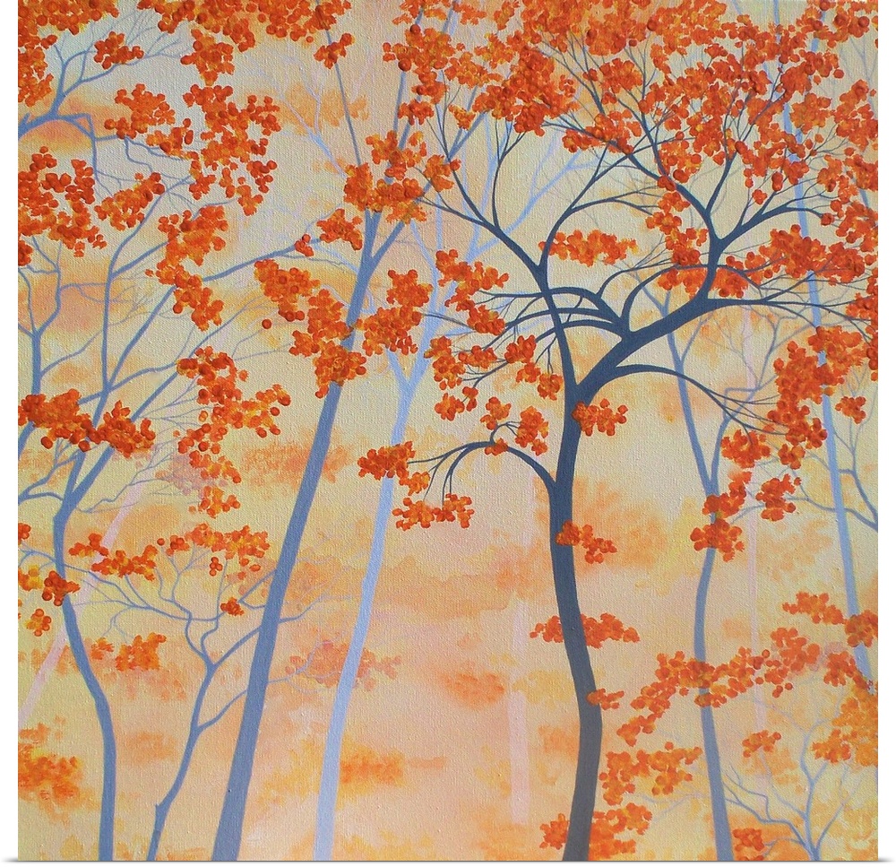 Square painting of orange Autumn trees with a light orange background.