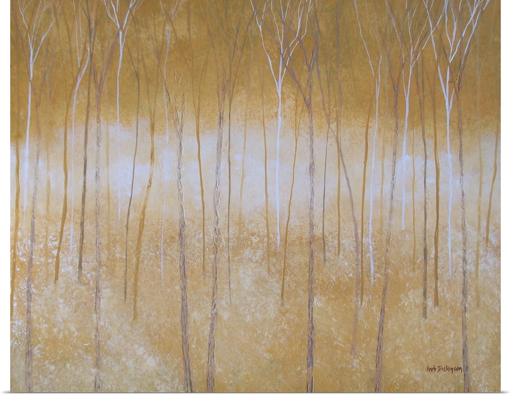 Abstract landscape with thin, bare trees in shades of gold, gray, brown, and white.
