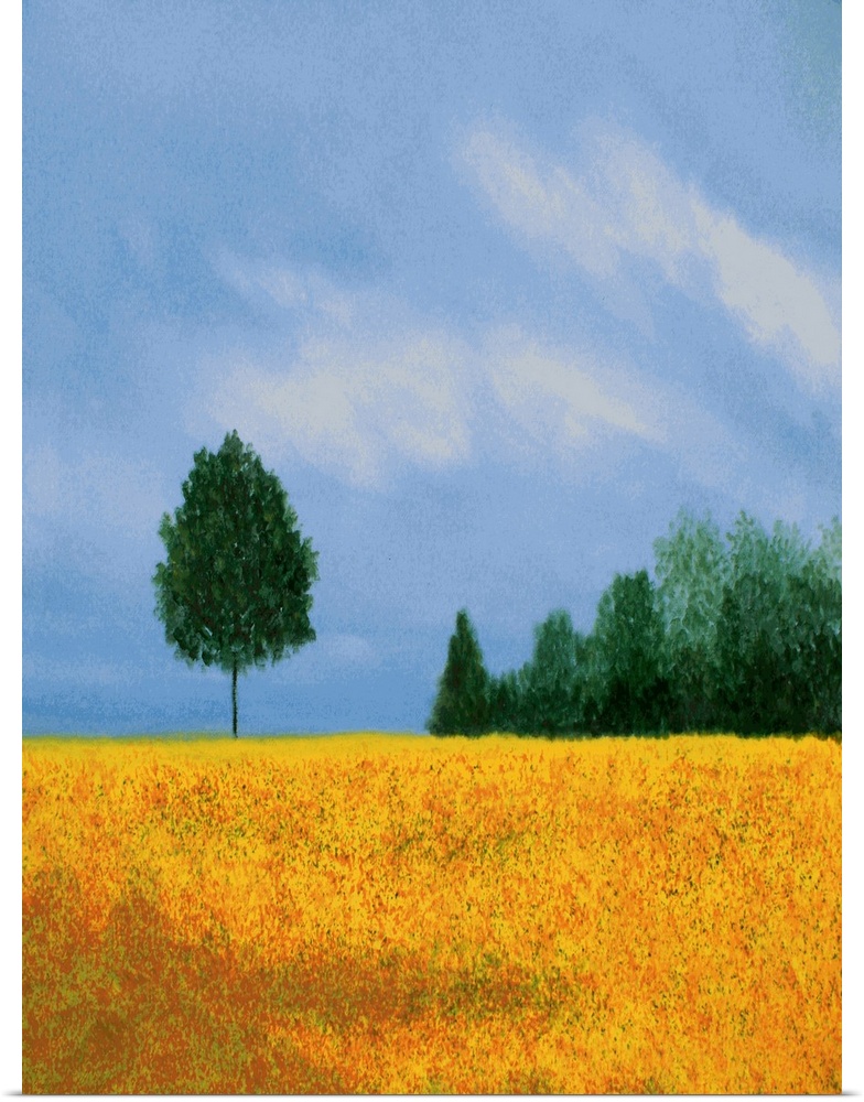 Vertical landscape painting with a golden field in the foreground and trees in the background.