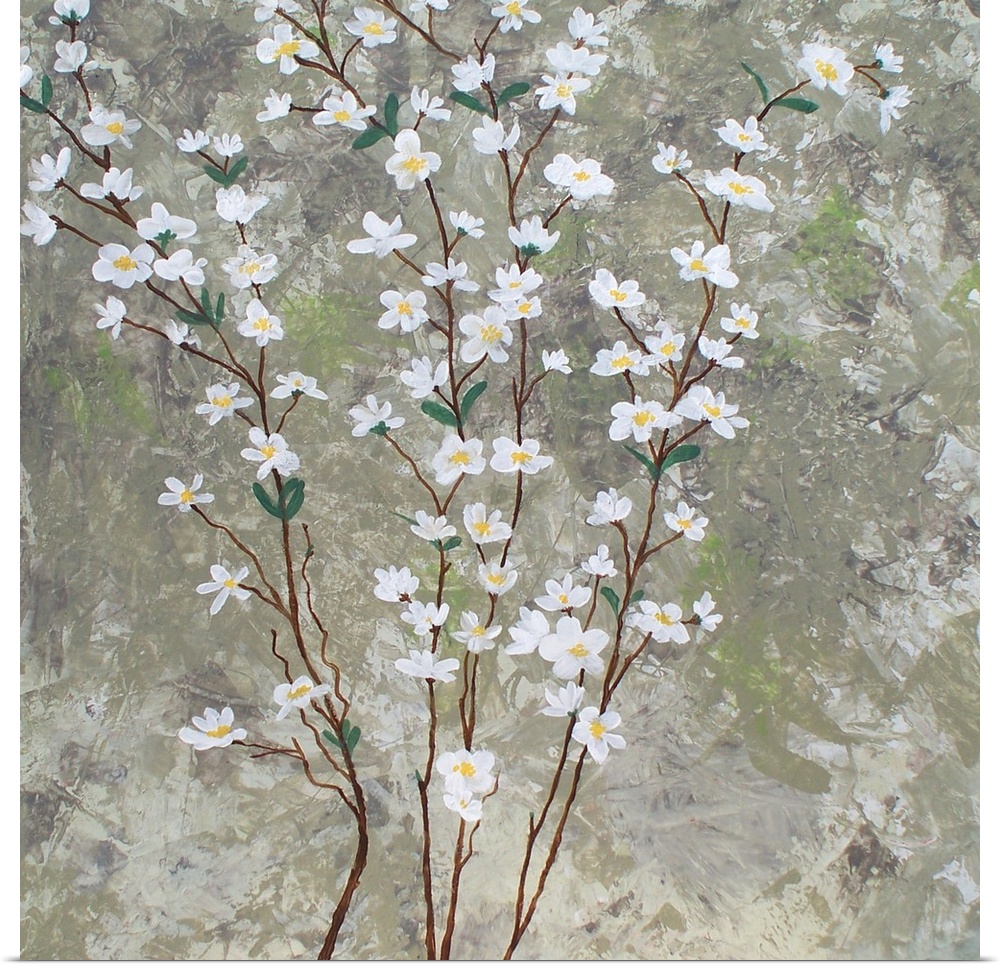 Contemporary painting of thin branches with white pear blossom flowers running vertically up the canvas with a textured br...