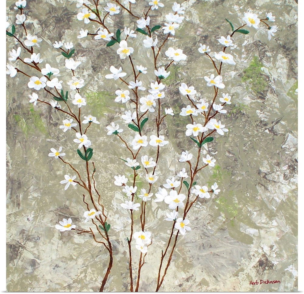 Contemporary painting of thin branches with white pear blossom flowers running vertically up the canvas with a textured br...