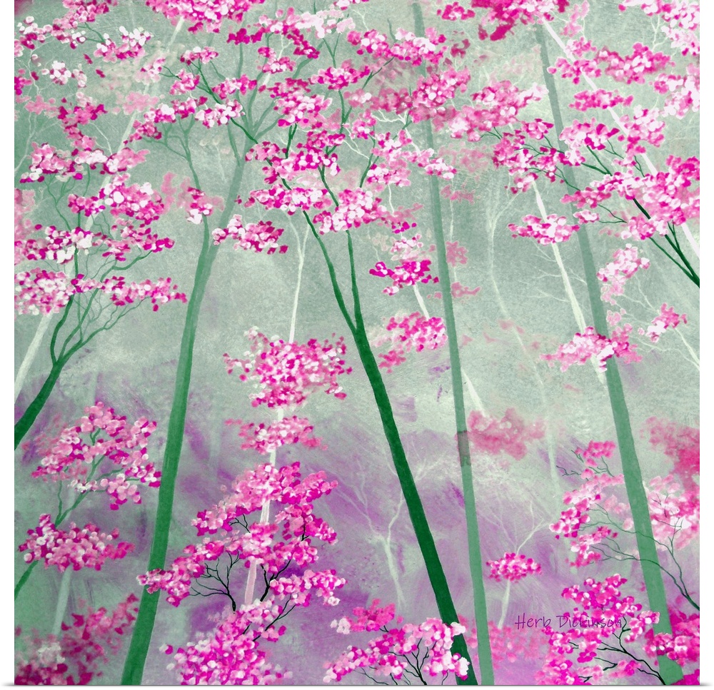 Square painting of pink tree tops with tree trunks made in shades of green.