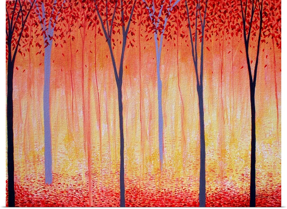 Minimalist painting with Autumn trees and red falling leaves.