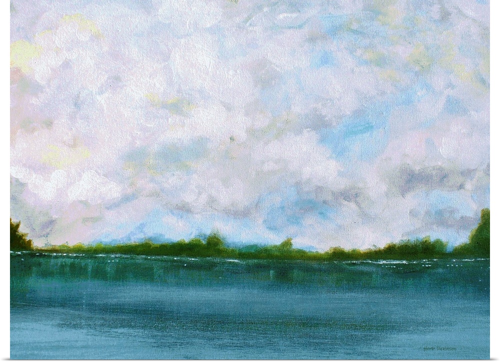 Contemporary landscape painting of a calm and peaceful lake with green trees in the horizon and fluffy clouds above.