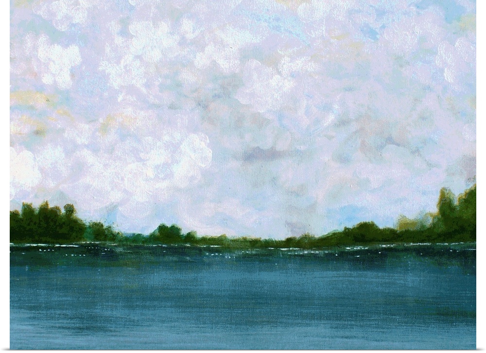 Calm landscape painting with a peaceful lake lined with trees on the horizon and fluffy clouds in the sky.