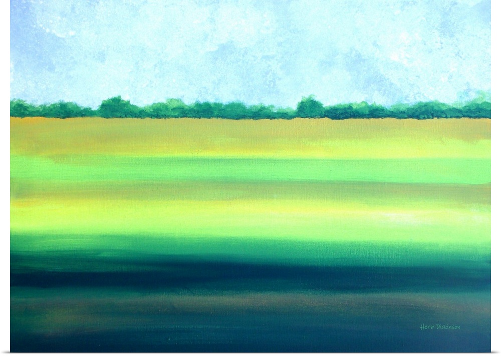 Open landscape with a gradient field in shades of blue, green, and yellow with a line of trees in the distance.