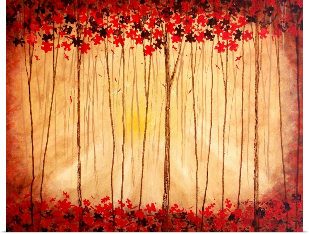 Contemporary painting of a forest with tall, skinny trees that have red and brown puzzle pieces for leaves.