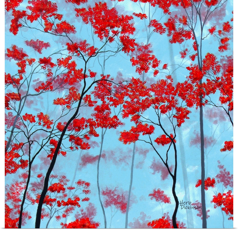 Square painting of tree tops with red leaves on a light blue background.