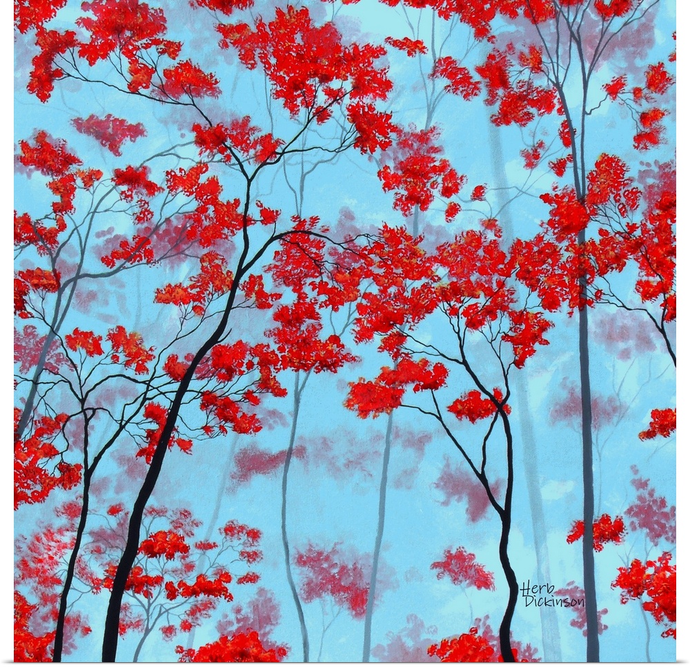 Painting of bright red Autumn trees on a light blue square background.