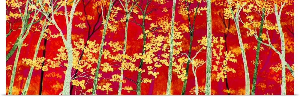 Yellow leaves and tree tops on a bright red background.