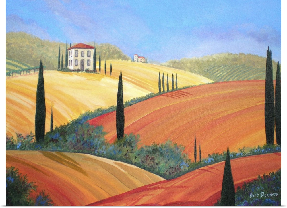 Contemporary landscape painting of warm rolling hills in Tuscany, Italy.