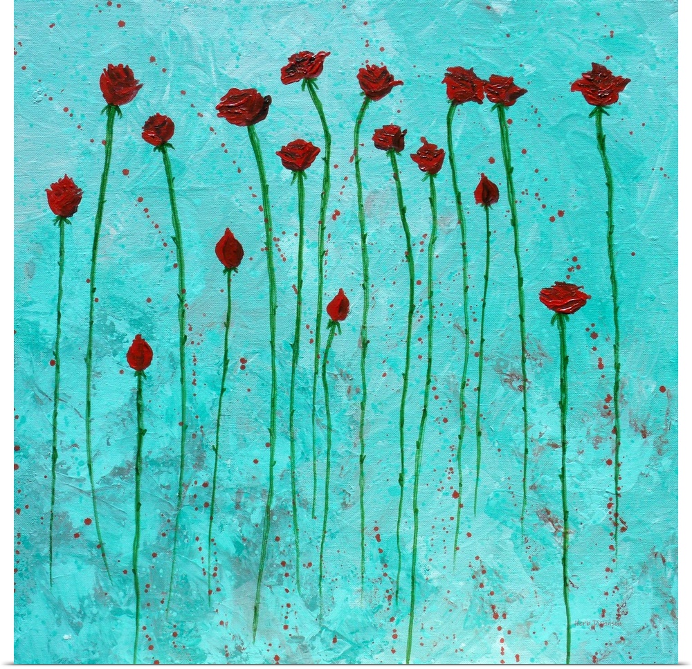 Square painting of red roses with long green stems on an aqua background with red paint splatter.