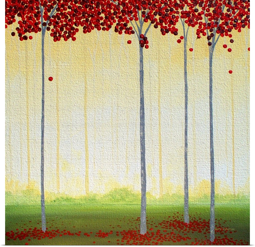 Square painting of tall, thin trees with circular red leaves in a golden lit forest.