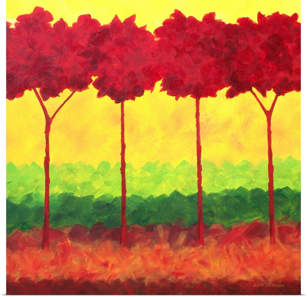 Colorful landscape with bold red trees and a background made with layers of green, red, and yellow.