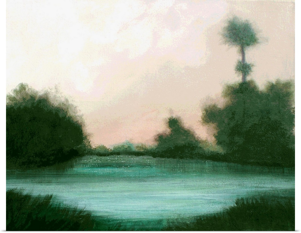 Impressionist painting of a lake landscape with emerald trees surrounding it and a pale pink sky.