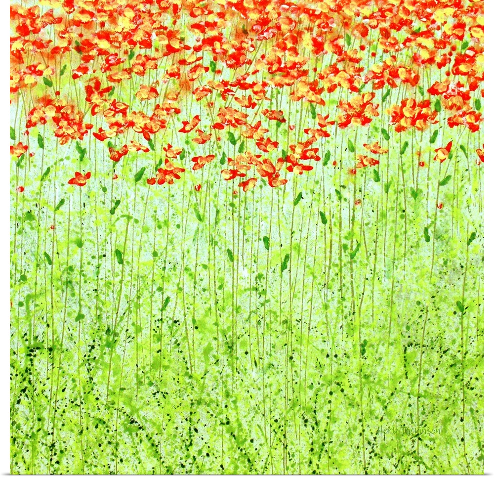 Square painting of long green stemmed red and yellow flowers.
