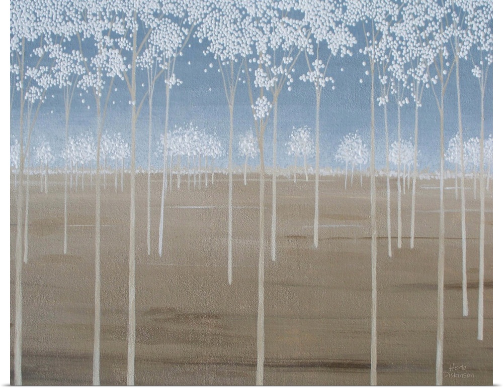 Minimalist painting of tall Spring trees with white blossoms.