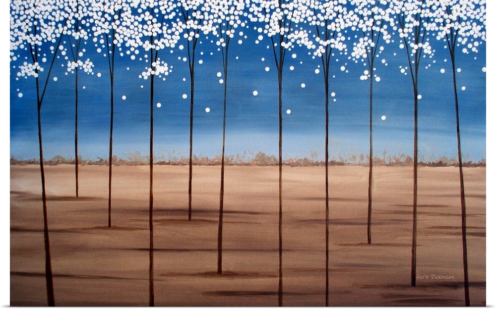Minimalist painting of skinny trees with white blossoms at dusk.