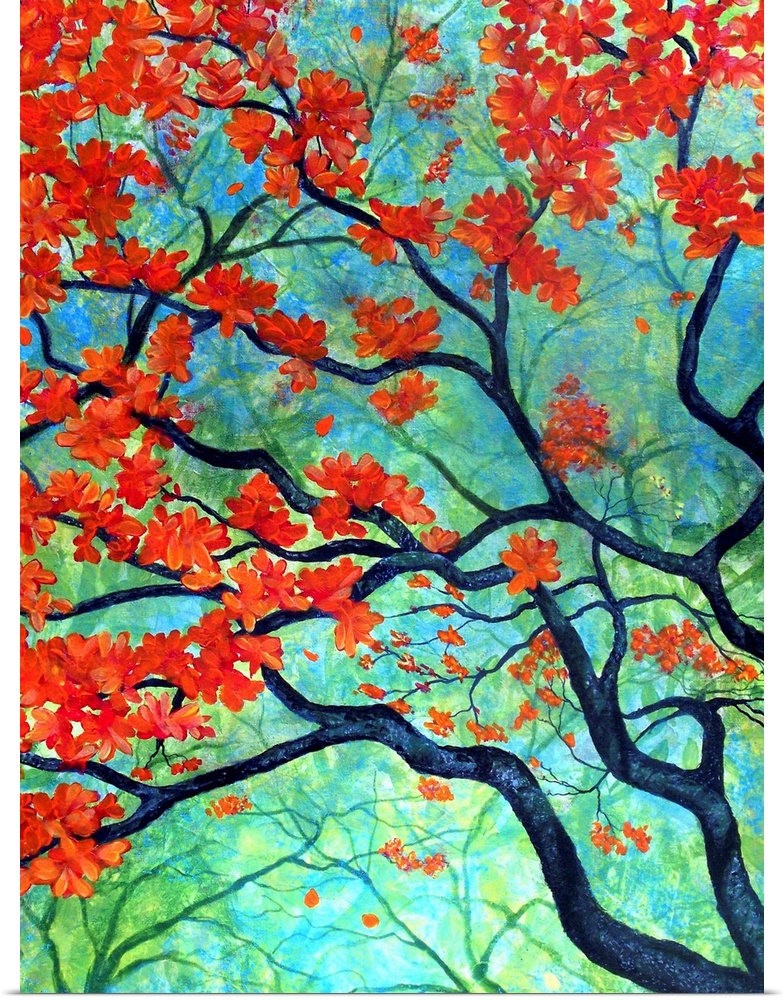Contemporary painting of a tree top with orange and red leaves on a blue and green background.