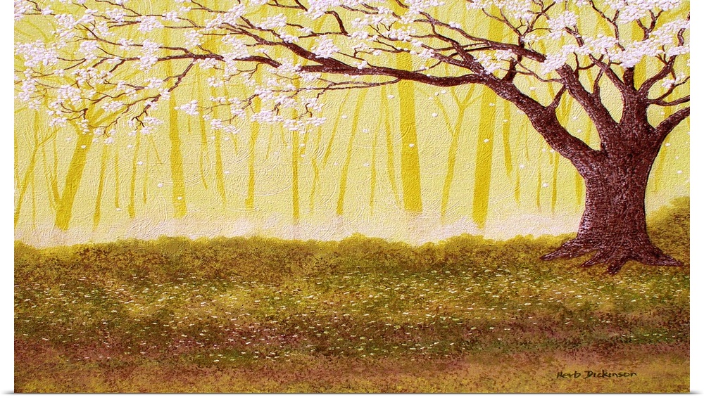 Horizontal landscape painting with a Spring tree covered in white blossoms with a golden forest in the background.