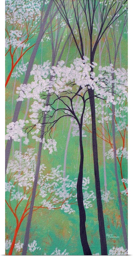 Panel painting of a Spring forest with colorful tree trunks and white blossoms on a teal background.
