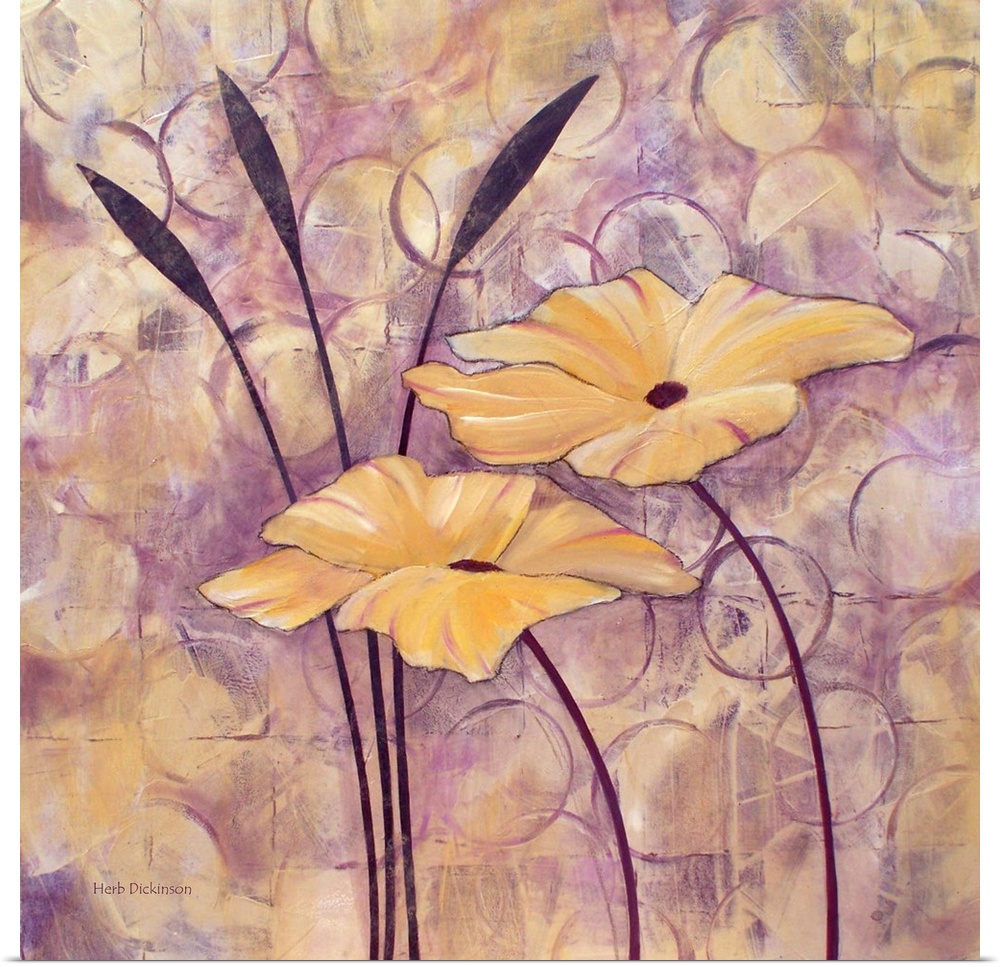 Contemporary painting of two golden flowers on an abstract background made with circular shapes and purple and gold tones.