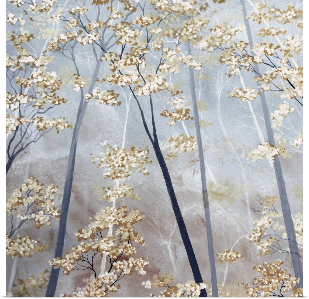 Square painting of tree tops with taupe and white blossoms on a gray background.