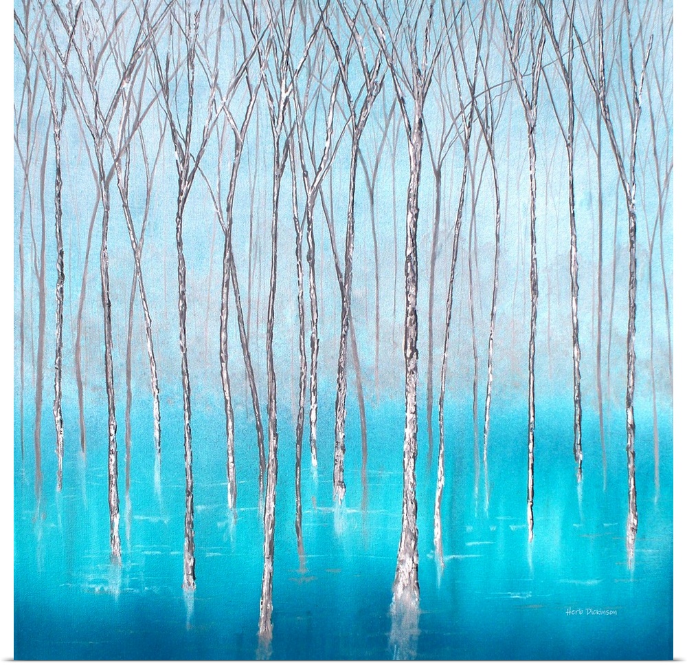 Bare Winter trees in beautiful blue waters on a square background.