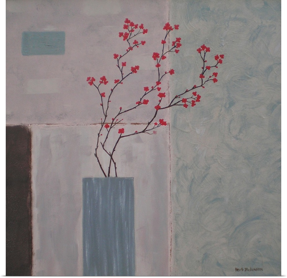 Very calming piece with peaceful colors in the background accented by modern decor style red flowers.