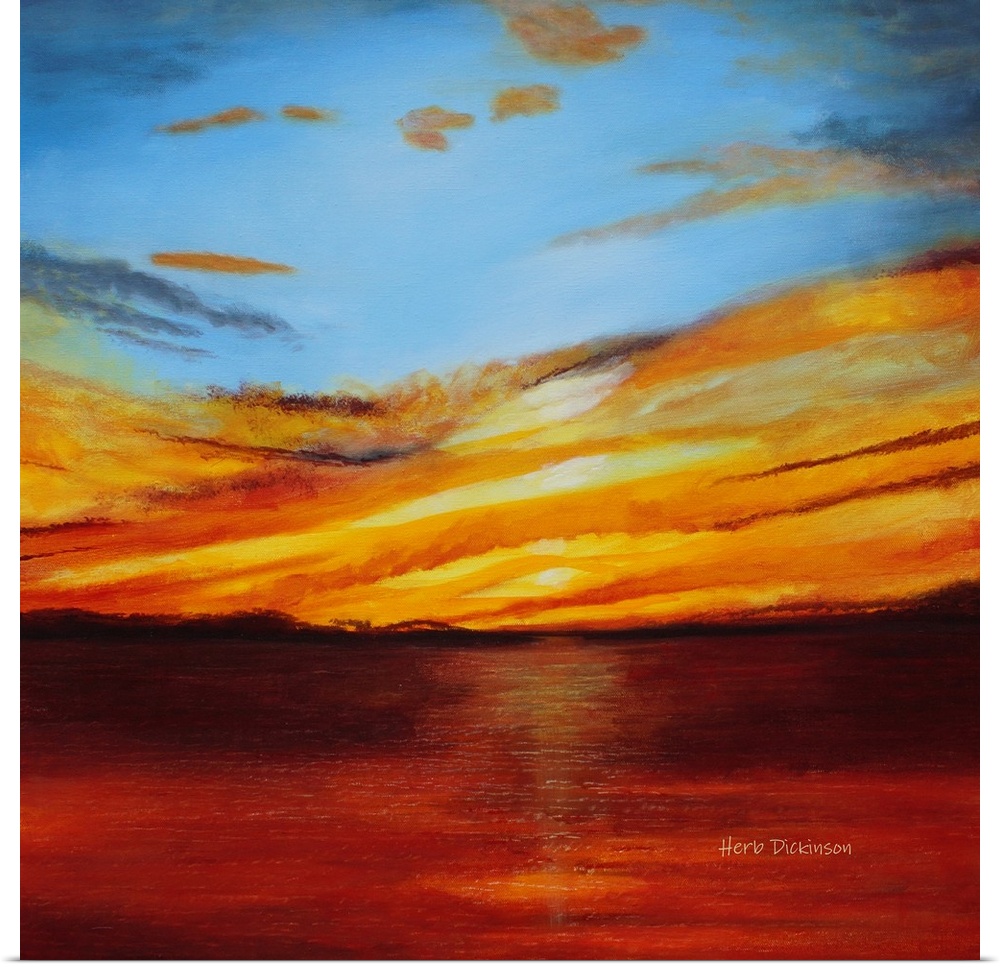 Abstract landscape painting with a bold red, orange, and yellow sunset.