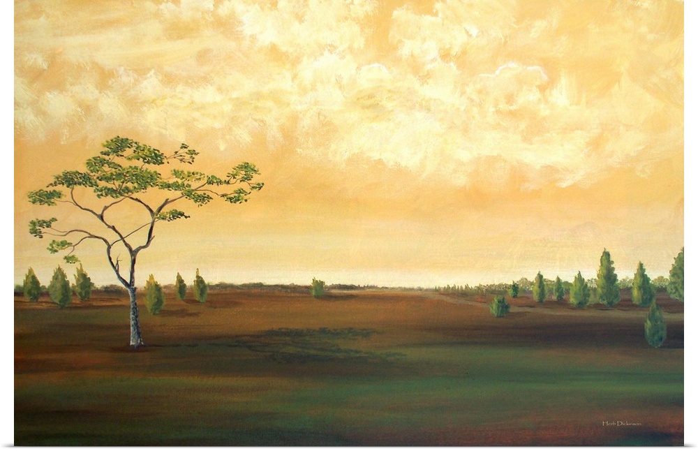 Contemporary landscape painting of a countryside with a few trees and a golden sky.