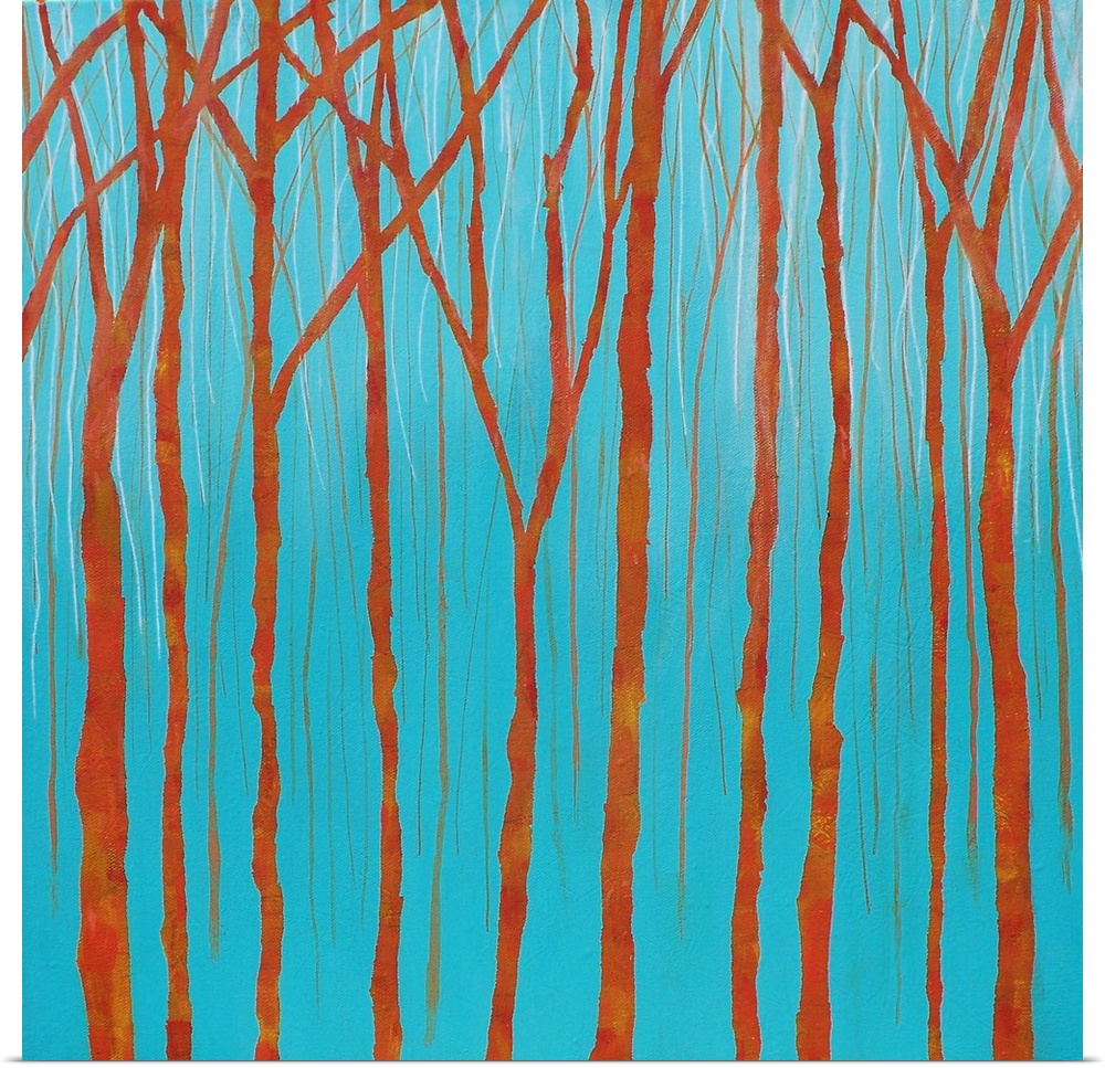 Simple landscape painting with bare orange tree trunks and branches on a bright blue background.