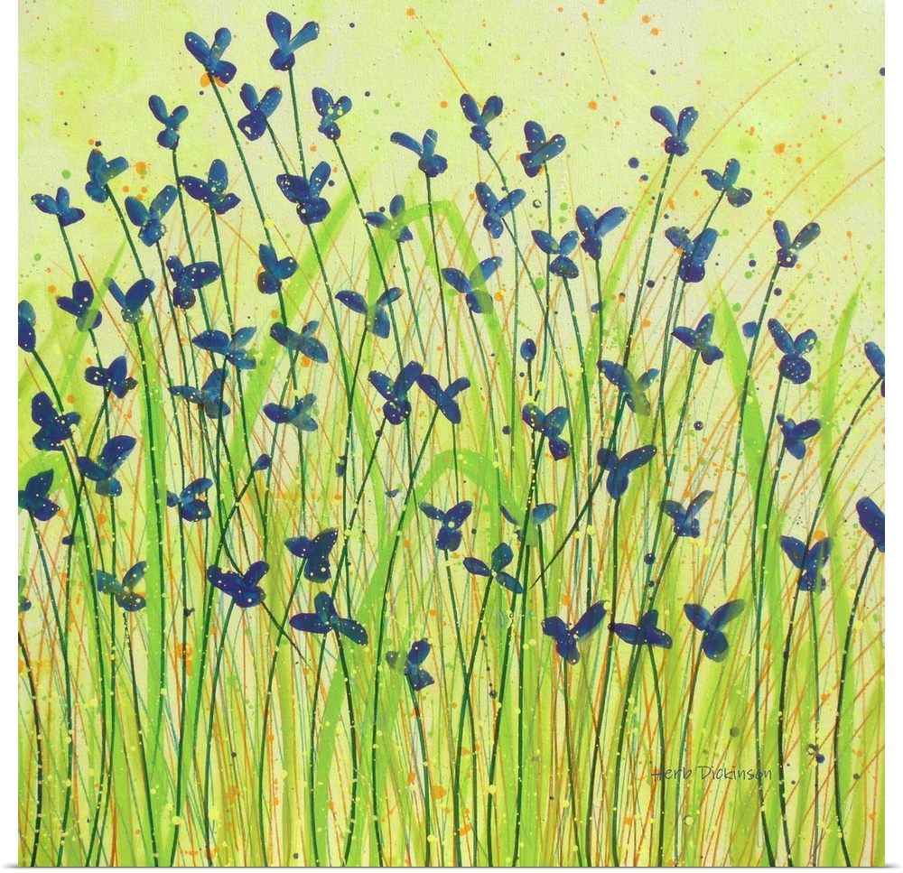 Blue wildflowers with green stems and orange and green grass on a light green paint splattered background.