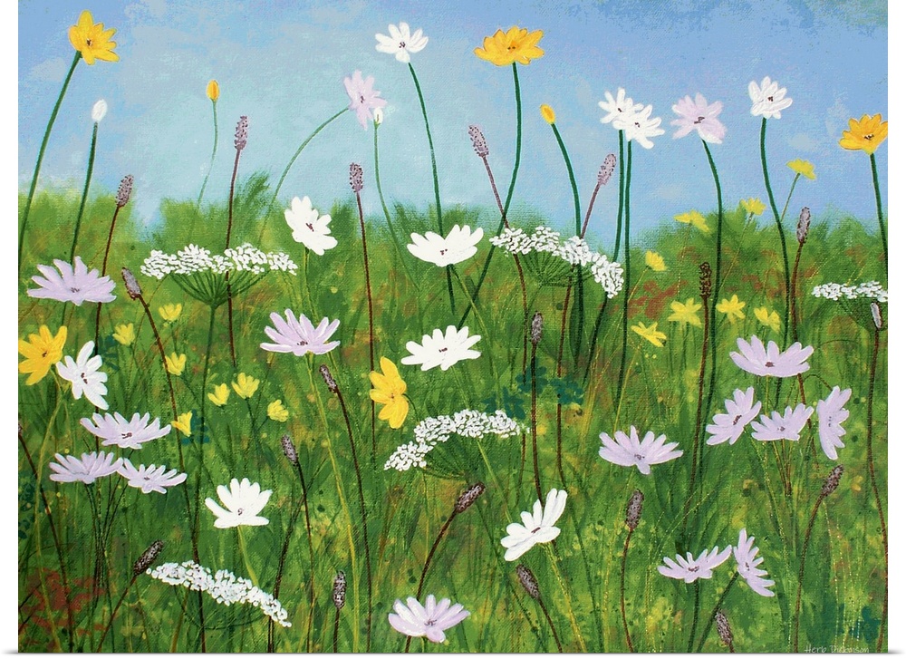 Contemporary painting of wildflowers with a grassy green background and a clear light blue sky.