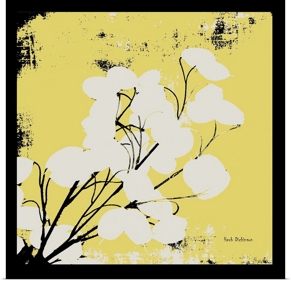 Square silhouetted painting of a money plant in pale yellow, black, and white with a black boarder.