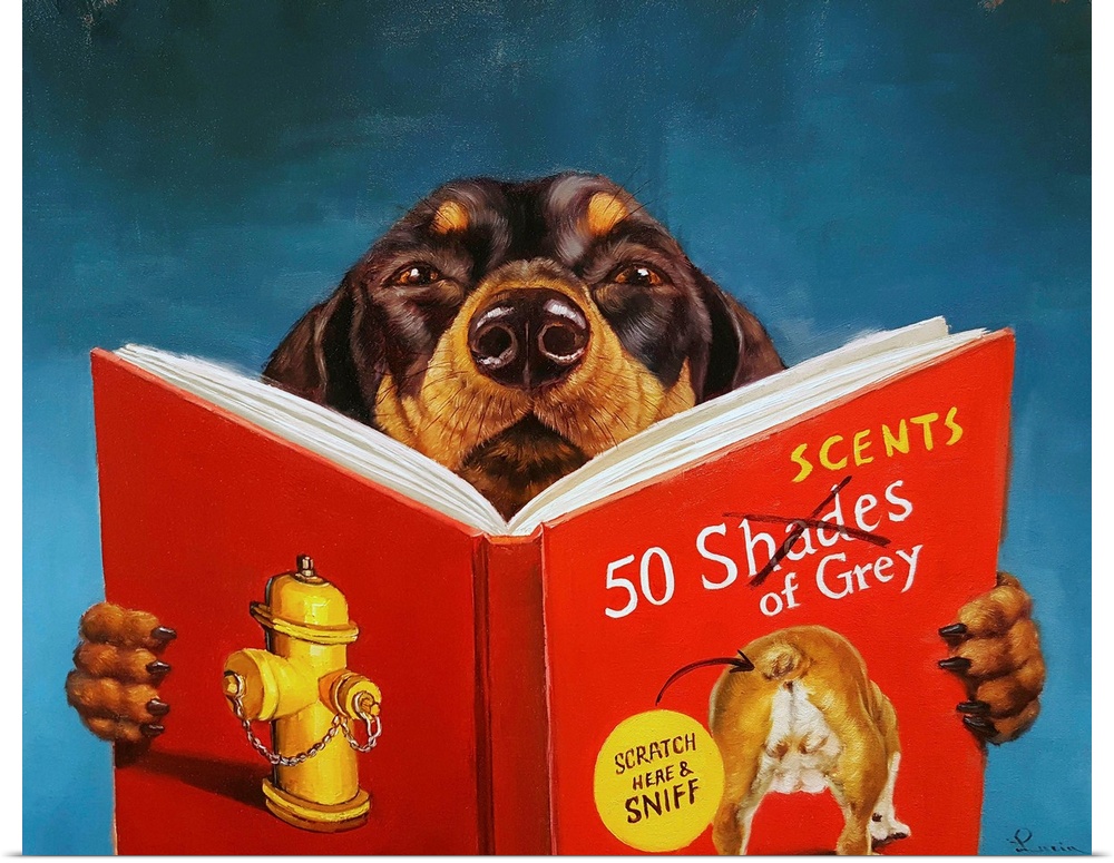 A painting of a dog reading "50 Scents of Grey".