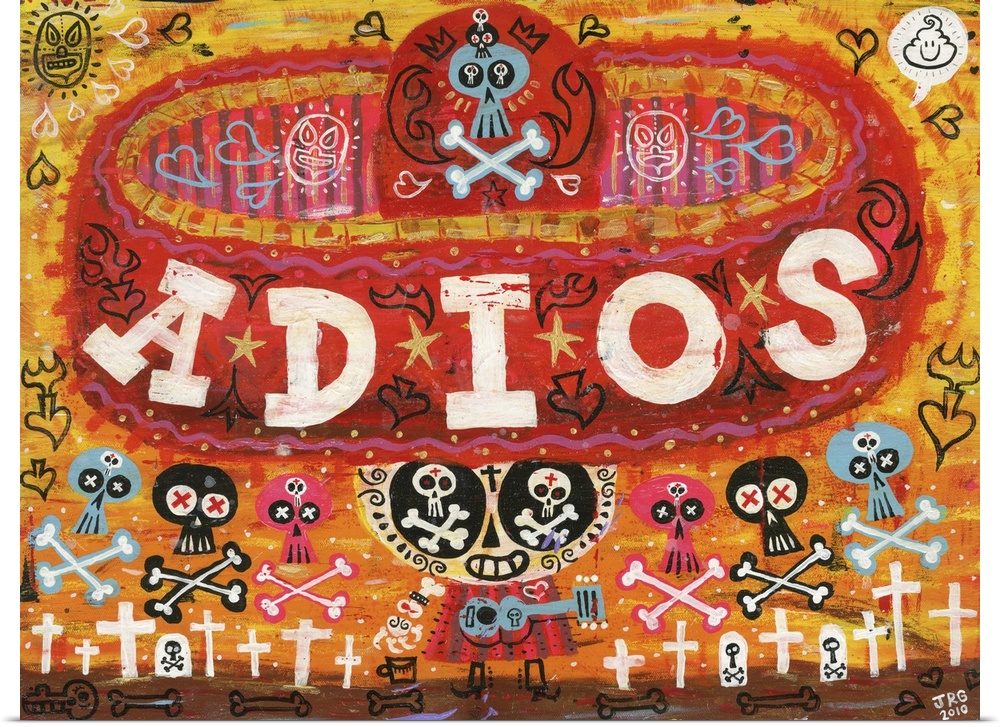 Latin art of a calavera wearing a large red sombrero with the word "Adios."