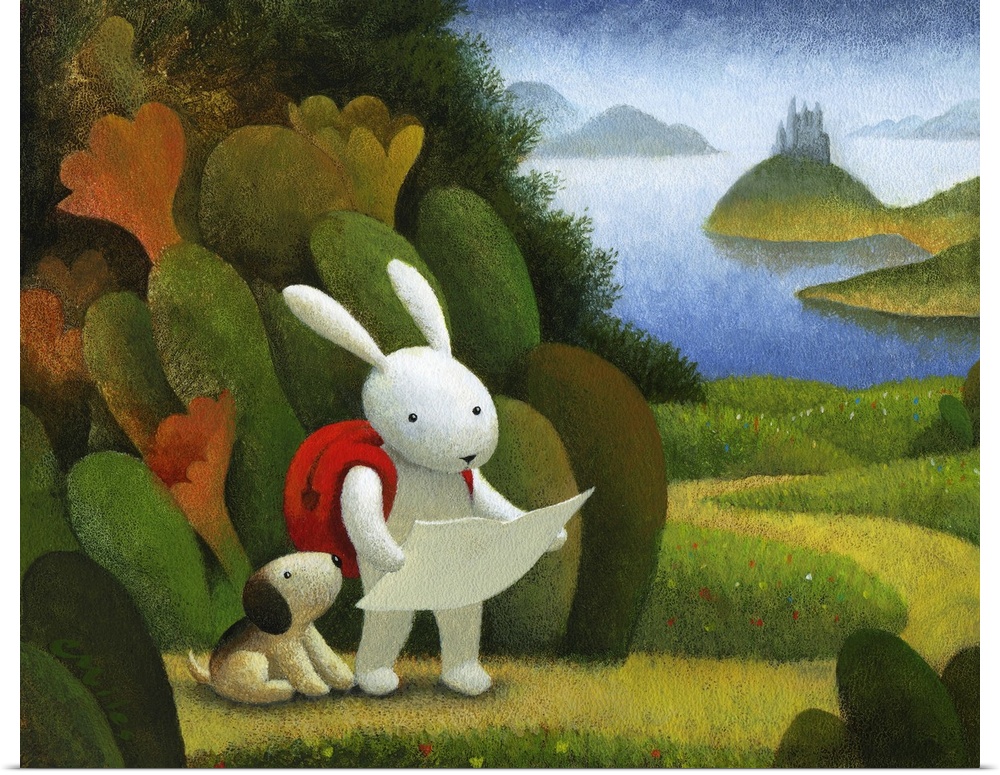 Humorous painting of a rabbit on an adventure with his pet dog.