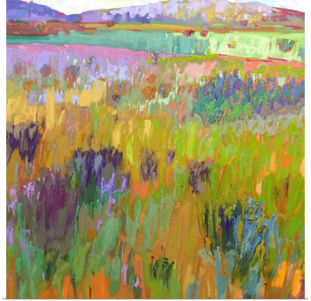 A square abstract of a field with flowers painted with brush strokes of vibrant colors.