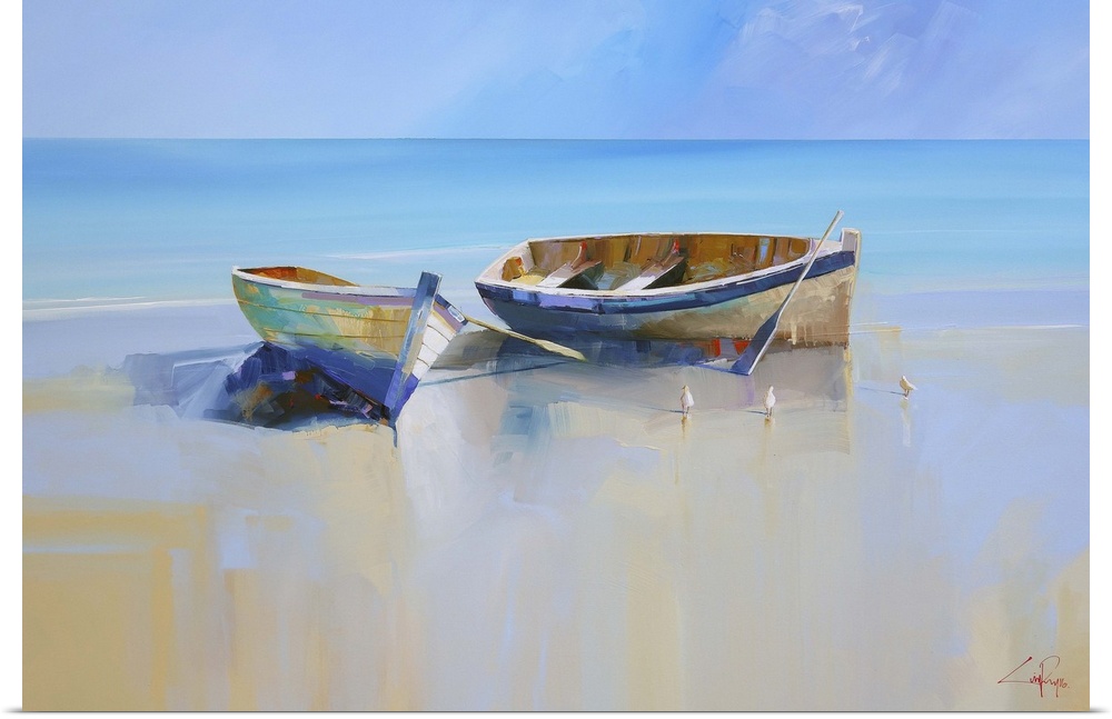 Painting of two beached rowboats at low tide.